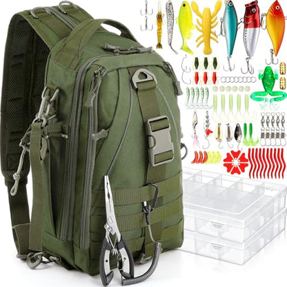 RoundFunny 85 Pcs Fishing Backpack with Tackle Boxes, Tackle Sling Bag with Rod Holder, Fish Lures and Pliers, Fish Tools Gears & Equipment Father's Day Fishing Gift for Dad Men - color: Army Green
