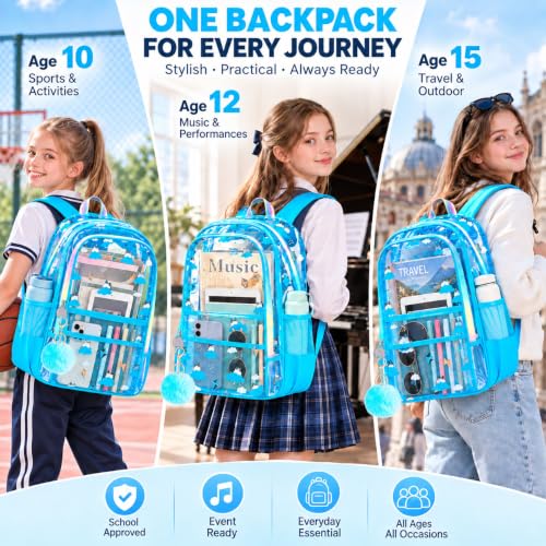 AGSDON Serene Sky Blue Clear Bookbag – Cloud Cat-Print See Through Backpack for Girls Set with Rainbow Strap, Heavy Duty 17" Women Transparent School Bag & Pouch - color: Clear Backpack Set - Cloud Cat Blue
