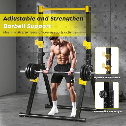 DlandHome Foldable Power Tower Pull Up Bar Dip Station, Adjustable Height Multifunction Workout Pull Up Tower Station for Home Gym, Strength Training Equipment, Triangular Legs, Up to 330lbs - color: Yellow