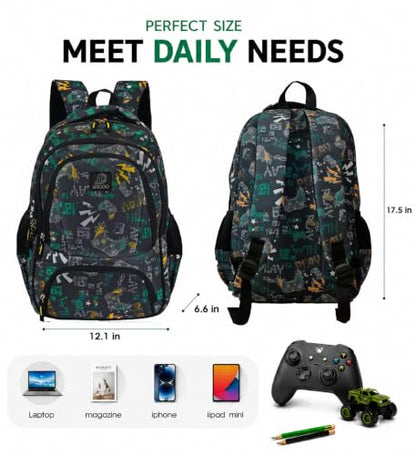 MYGOO Boys School Backpack Campus Gamer Teal Bookbag for Elementary Middle School Ages 5-12, 17 inch Large Capacity 24L Kids Student Travel Bags - color: Campus Gamer Teal