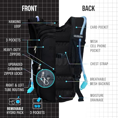 Sojourner Hydration Pack, Hydration Backpack - Water Backpack with 2l Hydration Bladder, Festival Essential - Rave Hydration Pack Hydropack Hydro for Hiking, Running, Biking, Festival Gear - color: Solid Black