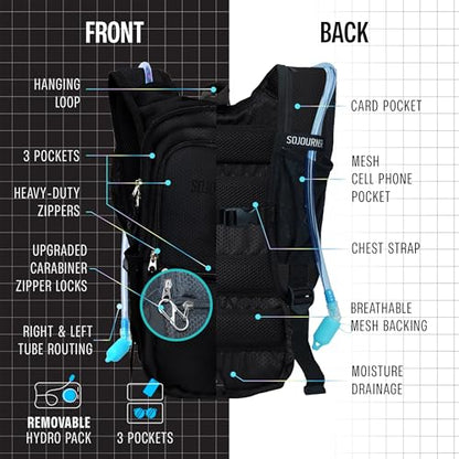 Sojourner Hydration Pack, Hydration Backpack - Water Backpack with 2l Hydration Bladder, Festival Essential - Rave Hydration Pack Hydropack Hydro for Hiking, Running, Biking, Festival Gear - color: Solid Black