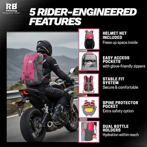 riderbag Reflective Motorcycle Backpack, Hi Viz Commuter Riding Bag | Designed by Riders for Everyday Rides with Laptop Compartment and Helmet Net. Built to Help You Be Seen. - color: Pink