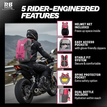 riderbag Reflective Motorcycle Backpack, Hi Viz Commuter Riding Bag | Designed by Riders for Everyday Rides with Laptop Compartment and Helmet Net. Built to Help You Be Seen. - color: Pink