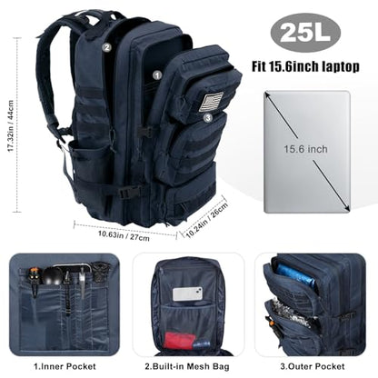 Military Tactical Backpack 25L Day Backpack for Men Molle Army 3 Days Assault Pack Bug Out Bag Water Resistant and Heavy Duty Hiking Treeking Rucksack - Dark Blue - color: Dark Blue, size: 25L