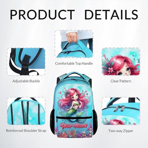 Mercuryelf Personalized Mermaid Backpack for Girls 3PCS Kids Backpack Set with Lunch Bag & Pencil Case, 17 Inch School Bookbag for Elementary Kindergarten - color: Black