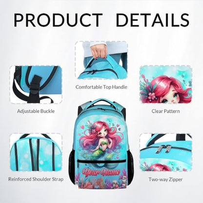 Mercuryelf Personalized Mermaid Backpack for Girls 3PCS Kids Backpack Set with Lunch Bag & Pencil Case, 17 Inch School Bookbag for Elementary Kindergarten - color: Black