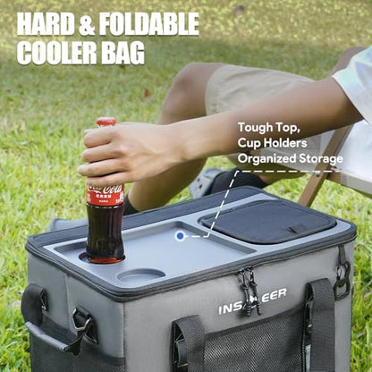 INSMEER Soft Cooler Bag with Hard Shell & 2 Cup Holders, Portable 40L/70 Cans Collapsible Cooler Bags Insulated with Leakproof for Travel, ice chests and Cooler Lunch Box for Beach Camping Picnic - color: Grey