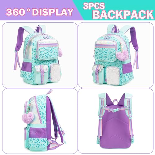 Meetbelify Aesthetic Backpack for Elementary Student with Lunch Box - Cute Bookbag for Girls 8-10 - color: 3pcs Green Love