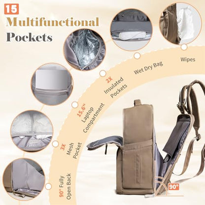 Diaper Bag with Changing Pad Baby Bag for Mom Lightweight Versatile Travel Backpack,15 Pocket,2 Insulated Pockets,Baby Shower Essentials,Brown - color: Brown