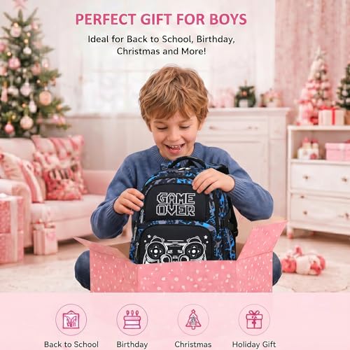 3PCS Kids Backpack Set, School Backpack with Lunch Bag & Pencil Case, Lightweight Waterproof Bookbag for Kids (Gamer Black Blue) - color: Gamer Black Blue