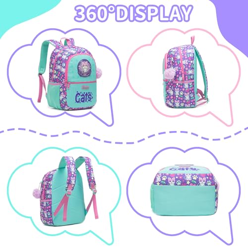 Girls School Backpack for Kids Ages 6-8,Backpack for Girls Cute Cat Lightweight Bookbag Perfect Back to School Gift for Kids with Lunch Box Pencil Case - color: Purple Blue Cat