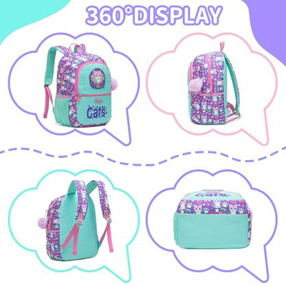 Girls School Backpack for Kids Ages 6-8,Backpack for Girls Cute Cat Lightweight Bookbag Perfect Back to School Gift for Kids with Lunch Box Pencil Case - color: Purple Blue Cat