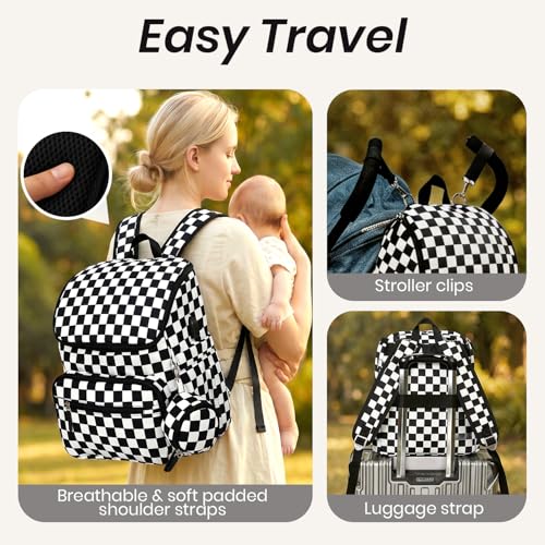 FHELAD Checkered Diaper Bag Backpack with Changing Pad & Stroller Clips, Large Travel Baby Diaper Bag for Newborn Moms, Baby Shower Gifts (Obsidian Black) - color: Obsidian Black
