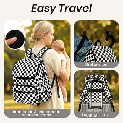 FHELAD Checkered Diaper Bag Backpack with Changing Pad & Stroller Clips, Large Travel Baby Diaper Bag for Newborn Moms, Baby Shower Gifts (Obsidian Black) - color: Obsidian Black