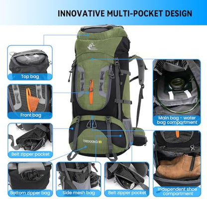 Bseash 80L Waterproof Hiking Camping Backpack with Rain Cover, Lightweight Outdoor Sport Travel Daypack for Climbing Touring (Army Green) - color: Army Green