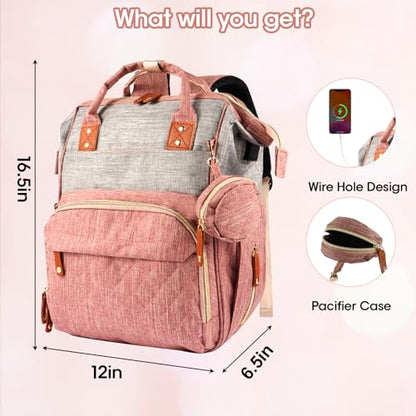 MosaiRudo Diaper Bag Backpack Baby Bag,Waterproof, Travel Diaper Bags with Pacifier Case for Baby Girl Boy Backpack for Women (Pink-Gray) - color: Pink-gray