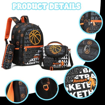 Backpack for School Boys Backpack 8-12 Years Old Kids Backpacks Boys with Lunch Box Pencil Case Kids Bookbag for Elementary Back to School Supplies - color: Black Basketball