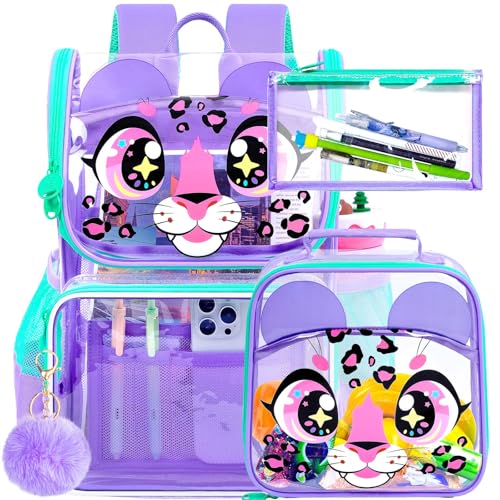 UFNDC 3PCS Clear Backpack for Girls and Boys, Unicorn Cat Transparent Bookbag, See Through School Bag for Kids Elementary - color: Leopard Purple Clear Backpack Set