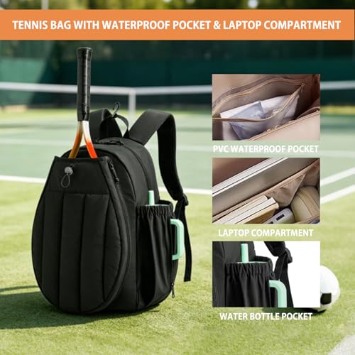 BeGyoku Tennis Backpack,Tennis Bag with Shoe Compartment&Waterproof Pocket&Fence Hook,Tennis Racket Bag Holds 2 Rackets,Large Tennis Bags for Women Men,Gym Sports Bag for Teennis Pickleball Badminton - color: Black