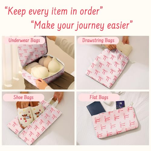 9 Set Packing Cubes for Travel Essentials - Lightweight Carry-On Luggage Organizer Bags with Shoe, Clothes & Laundry Bags for Airplane, Family & Business Travel, Pink bow - color: Pink bow