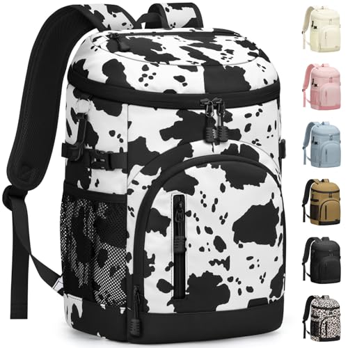 Pritent Cooler Backpack Insulated Waterproof,30/45 Cans Backpack Coolers Leakproof Lunch Backpack for Men Women Portable Soft Cooler Bag for Beach Camping Trave Picnic - color: Cowprint, size: 30 Cans