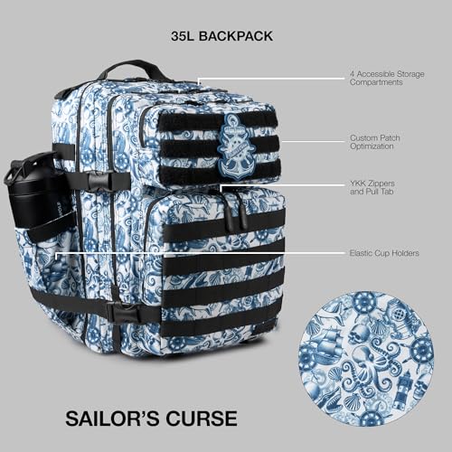 WOLFpak 35L Athletic Gym Backpack (Sailor's Curse) - Durable 1000D Waterproof Oxford Material with MOLLE Webbing, Laptop Pocket & Dual Cup Holders, Durable Fitness/Travel/Military Daypack - color: Sailor's Curse