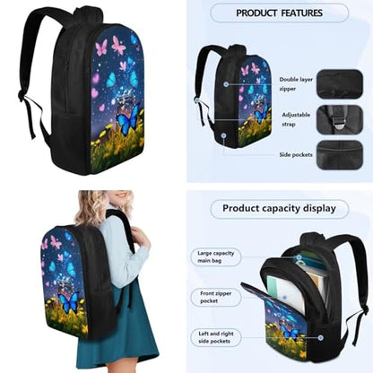Flashideas Butterfly Backpack for Girls Kids Backpack with Lunch Box Stainless Steel Water Bottle and Water Bottle Holder with Strap 4Pcs Set 17" Elementary Bookbag with Compartments Sturdy School Bag - color: Butterfly