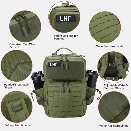 LHI Tactical Military Backpack for Men 25L/45L Large Molle Army Assault Pack 3 Day Hiking Rucksack With Bottle Holder - color: Green With Bottle Holder, size: 25L