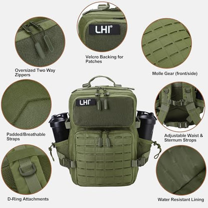 LHI Tactical Military Backpack for Men 25L/45L Large Molle Army Assault Pack 3 Day Hiking Rucksack With Bottle Holder - color: Green With Bottle Holder, size: 25L