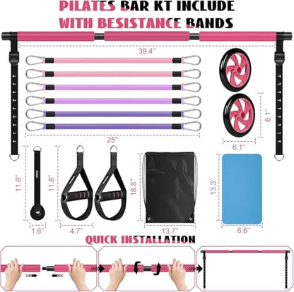 Pilates Bar Kit with Resistance Bands, Olodeer Pilates Reformer Exercise Bar with Ab Roller at Home Workout Equipment, Pilates Bar Set for Full Body Training Women & Men