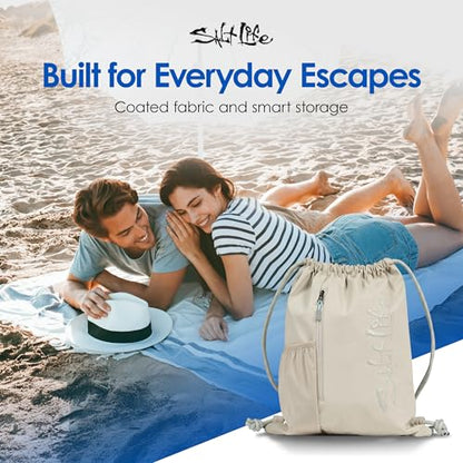 Salt Life Drawstring Backpack for Men and Women - Small Draw String Cinch Gym Bag with Water Bottle Pocket and Zipper Pocket - color: Beige