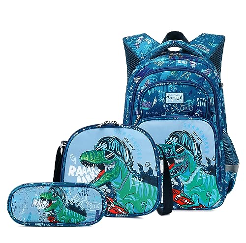 3Pcs Boys Dinosaur Backpack Set with Lunch Box Pencil Case, School Book Bag for Kids Elementary Preschool 1 - color: Indigo