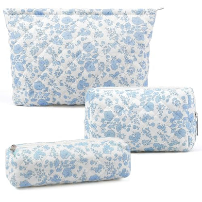3 Pcs Makeup Bag Cosmetic Bag Set for Girls Women Checkered Travel Organizer Bathroom Toiletry Pouch Large Capacity Storage Bag(Blue Flower) - color: Blue Flower