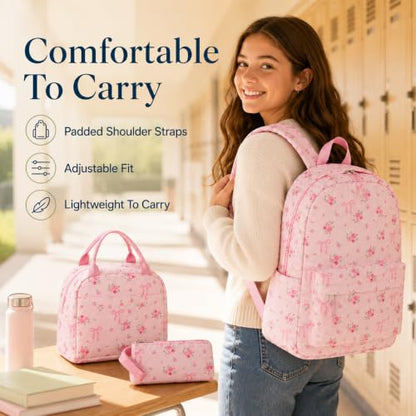 Bluboon Teen Girls School Backpack Kids Bookbag Set with Lunch Box Pencil Case Travel Laptop Backpack Casual Daypacks (Pink bow tie) - color: Large Bow Floral Pink