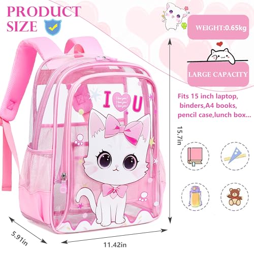 AO ALI VICTORY Clear Backpack for School,PVC Transparent Kids Bookbag for Girls Boys Cute Toddler Back Pack Kindergarten Elementary Schoolbag Stadium Approved See Through Backpacks,Pink Cat - color: Pink Cat