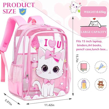 AO ALI VICTORY Clear Backpack for School,PVC Transparent Kids Bookbag for Girls Boys Cute Toddler Back Pack Kindergarten Elementary Schoolbag Stadium Approved See Through Backpacks,Pink Cat - color: Pink Cat