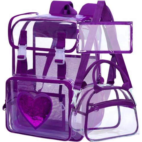 3Pcs Clear Backpack for School, Girls Kids Transparent Bookbag Set, 17" Stadium Approved See Through Backpack with Lunch Box (Deep Purple) - color: Clear Sequins Darkpurple
