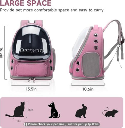 Cawypety Cat Backpack Carrier, Breathable Cat Carrier Large Space Bubble Pet Backpack for Kitty Small Dog up to 12lbs, Transparent & Foldable Pet Carrier for Travel Hiking（Pink） - color: Pink