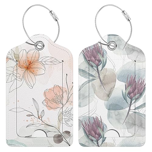 2 Pack PU Leather Luggage Tags for Suitcase, Travel Cruise Luggage Tag with Privacy Flap, Name ID Label and Metal Loop for Women Men Baggage Handbag School Bag Backpack, Ink Flower - color: Ink Flower, size: 2 Pack