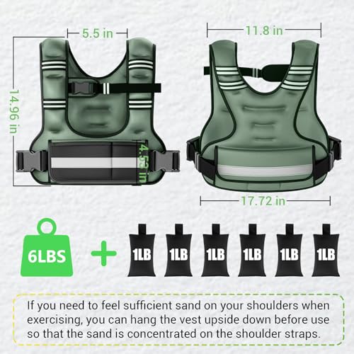 Adjustable Weighted Vest for Women, 6-12lb U-Shaped Weight Vest with 6 Iron Sand Bags & Adjustable Buckle Straps, Rucking Vest with Plus Pockets for Running, Walking and Strength Training - color: Green