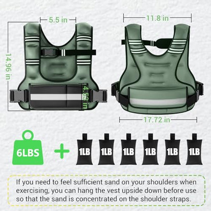 Adjustable Weighted Vest for Women, 6-12lb U-Shaped Weight Vest with 6 Iron Sand Bags & Adjustable Buckle Straps, Rucking Vest with Plus Pockets for Running, Walking and Strength Training - color: Green