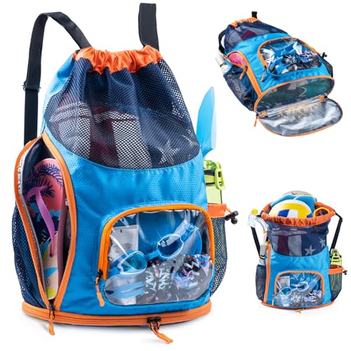 Mesh Drawstring Backpack with Shoe Compartment, Sandproof Beach Swim Bag with Wet Pocket, Pool Gym Shower Bag for Travel Summer Camp - color: Blue - Orange, style: Style a