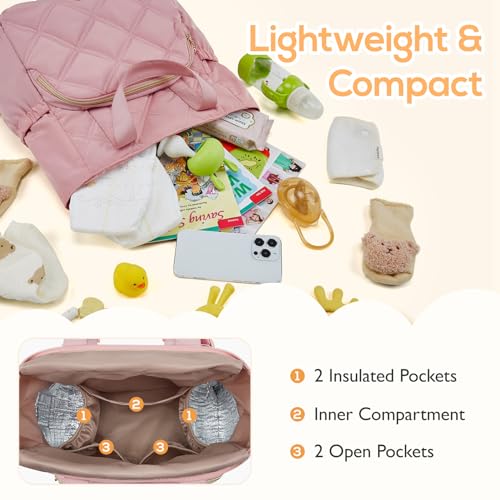 mommore Quilted Diaper Bag Backpack, Small Baby Bags, Lightweight Mini Diaper Backpack for Travel, with Insulated Pockets, Changing Pad (Pink) - color: Top Handle-pink