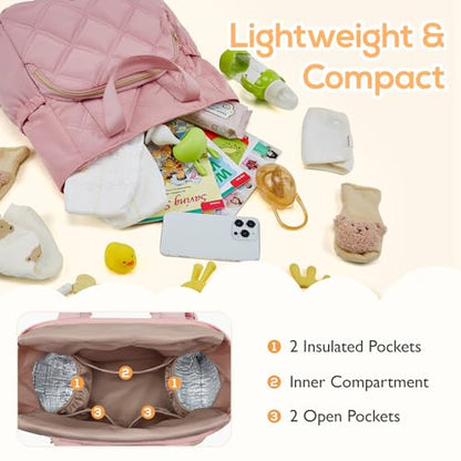 mommore Quilted Diaper Bag Backpack, Small Baby Bags, Lightweight Mini Diaper Backpack for Travel, with Insulated Pockets, Changing Pad (Pink) - color: Top Handle-pink