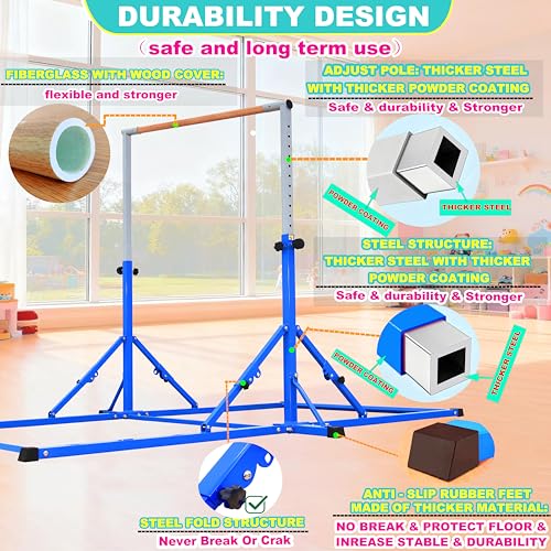Marfula Gymnastic Bar For Kid and Teenage of 3-25, 5Ft/8 FT Base Length 4Ft Width 5Ft Adjust Height, Gymnastic Kip Bar For Gymnast, Gymnastic Training Equipment For Professional Training Home Club Use - color: Blue(5 Ft Base)