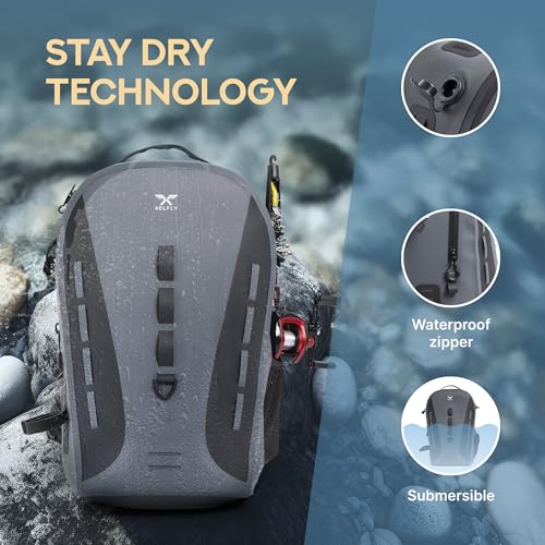 Xelfly Waterproof Fishing Backpack G2 with Rod Holder, Inflatable Air Valve, Padded Waist Straps & Gear Loops - Submersible Zipper, Rugged Top Handle, Adjustable Attachments (Gray) - color: Gray, size: G2 Backpack