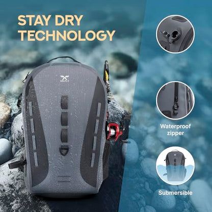 Xelfly Waterproof Fishing Backpack G2 with Rod Holder, Inflatable Air Valve, Padded Waist Straps & Gear Loops - Submersible Zipper, Rugged Top Handle, Adjustable Attachments (Gray) - color: Gray, size: G2 Backpack