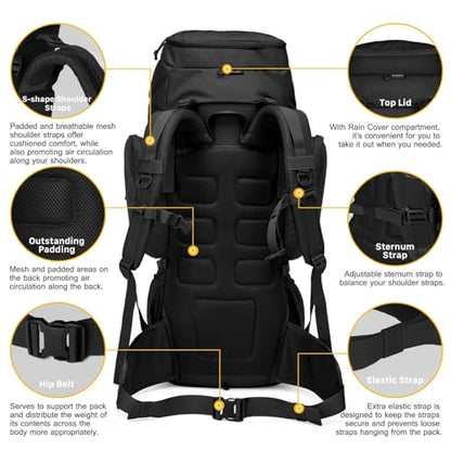 Mardingtop 60L Military Internal Frame Backpack for Hiking,Camping,Hunting,Rucksack Backpack with Rain Cover - color: Black