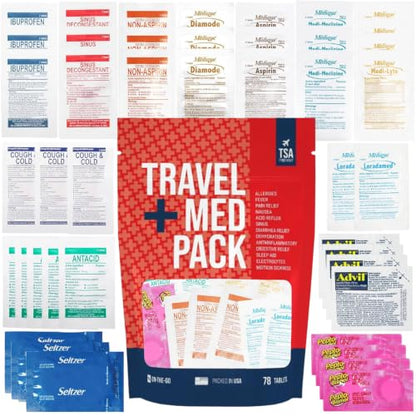 Travel Medicine Kit - 78-Piece TSA-Approved Medication Pack for Flights, Cruises & International Travel | Individually Wrapped OTC Medication Essentials